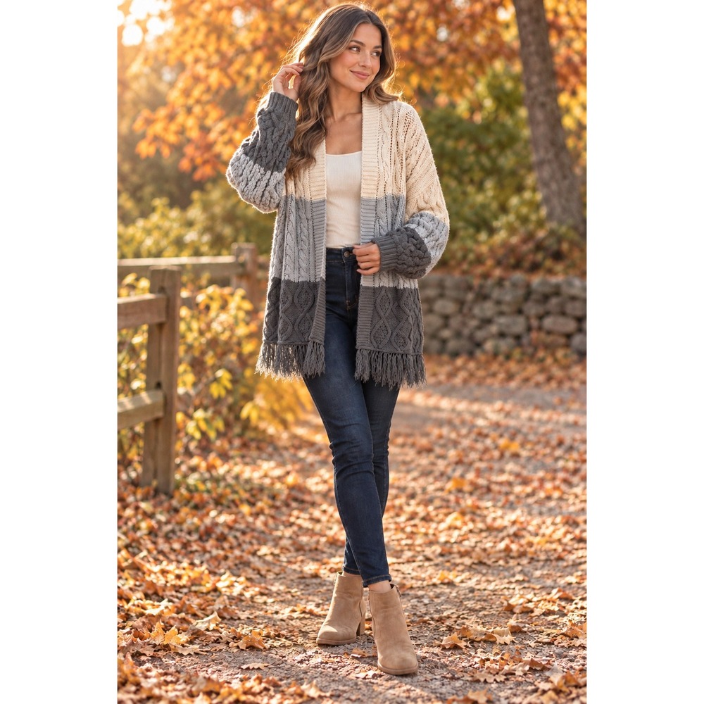 Umgee USA Colorblock Cable Knit Fringe Cardigan Sweater Grey Cream S